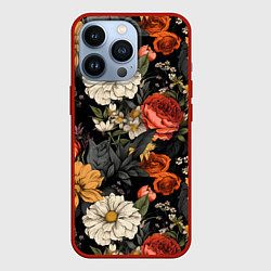 Чехол для iPhone 13 Pro Цветочный паттерн на черном, цвет: 3D-красный