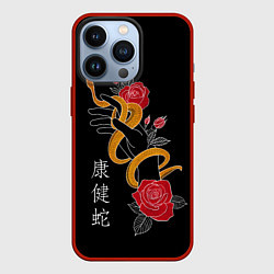 Чехол для iPhone 13 Pro Змея в цветах и иероглифы, цвет: 3D-красный