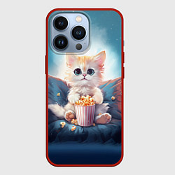 Чехол для iPhone 13 Pro Белый котик с попкорном, цвет: 3D-красный