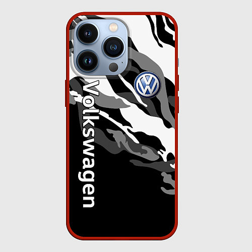 Чехол iPhone 13 Pro Фольцваген - белый камуфляж / 3D-Красный – фото 1