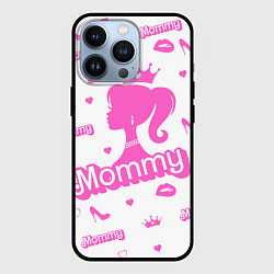 Чехол для iPhone 13 Pro Мамочка - силуэт барби: паттерн розовый на белом ф, цвет: 3D-черный
