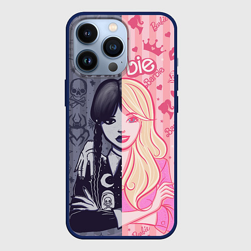 Чехол iPhone 13 Pro Барби и Уэнсдей - мои две личности: в стиле тату / 3D-Тёмно-синий – фото 1