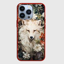 Чехол для iPhone 13 Pro Белая лисица в кустах цветов, цвет: 3D-красный