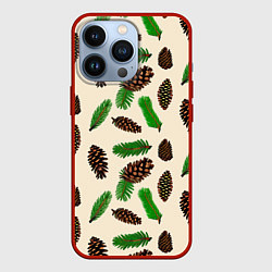 Чехол для iPhone 13 Pro Зимний узор - еловые ветки и шишки, цвет: 3D-красный