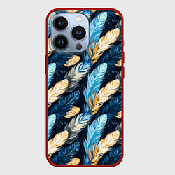 Чехол для iPhone 13 Pro Перья птиц на темном фоне паттерн, цвет: 3D-красный