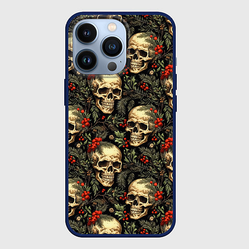 Чехол iPhone 13 Pro Череп рябина шишки и хвойные ветки / 3D-Тёмно-синий – фото 1