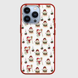 Чехол для iPhone 13 Pro Новогодние снеговики, цвет: 3D-красный