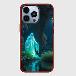 Чехол для iPhone 13 Pro Светящийся зеленым призрак в лесу, цвет: 3D-красный