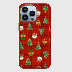 Чехол для iPhone 13 Pro Елочки и Санта - паттерн красная клетка, цвет: 3D-красный