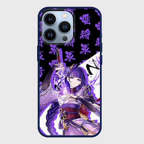 Чехол iPhone 13 Pro Сёгун Райдэн иероглифы - Геншин Импакт / 3D-Тёмно-синий – фото 1