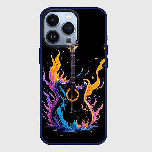 Чехол iPhone 13 Pro Гитара в неоновом огне / 3D-Тёмно-синий – фото 1