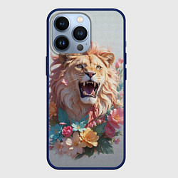 Чехол для iPhone 13 Pro Голова льва в цветах на холсте, цвет: 3D-тёмно-синий