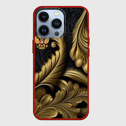 Чехол для iPhone 13 Pro Золотой узор и герб России, цвет: 3D-красный