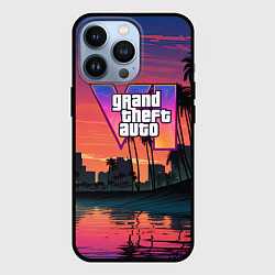 Чехол для iPhone 13 Pro GTA 6 лого на фоне заката, цвет: 3D-черный