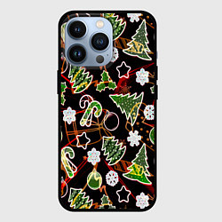 Чехол для iPhone 13 Pro Ёлочные игрушки и ёлки, цвет: 3D-черный