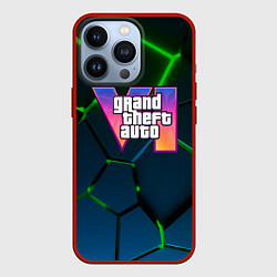 Чехол для iPhone 13 Pro GTA 6 лого на фоне разлома зеленых плит, цвет: 3D-красный