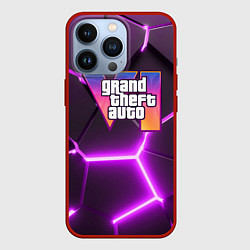 Чехол для iPhone 13 Pro GTA 6 лого на фоне разлома фиолетовых плит, цвет: 3D-красный