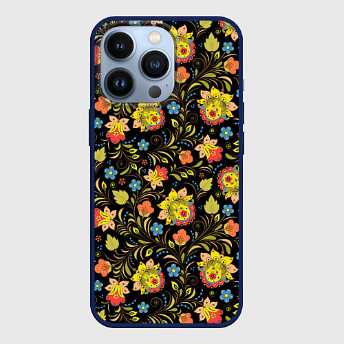 Чехол iPhone 13 Pro Хохломская роспись разноцветные цветы / 3D-Тёмно-синий – фото 1
