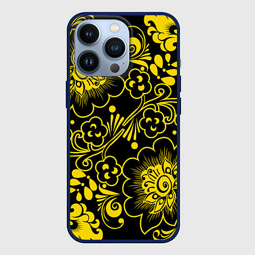 Чехол iPhone 13 Pro Хохломская роспись золотые цветы на чёроном фоне / 3D-Тёмно-синий – фото 1
