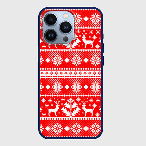 Чехол iPhone 13 Pro Новый год ели и олени на красном фоне / 3D-Тёмно-синий – фото 1