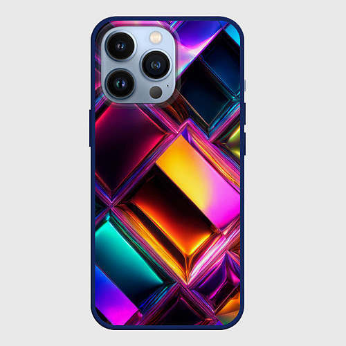 Чехол iPhone 13 Pro Цветные стеклянные блоки - неоновый геометричный у / 3D-Тёмно-синий – фото 1