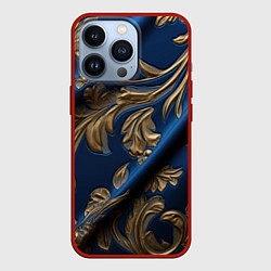 Чехол для iPhone 13 Pro Лепнина узоры золотистые на синем фоне, цвет: 3D-красный