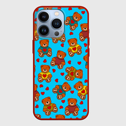 Чехол iPhone 13 Pro Мишки в цветных свитерах и сердечки / 3D-Красный – фото 1
