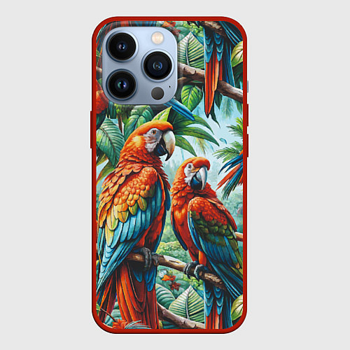 Чехол iPhone 13 Pro Попугаи Ара - тропики джунгли / 3D-Красный – фото 1