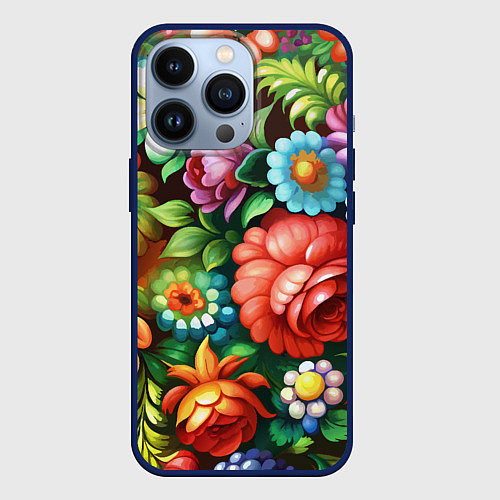 Чехол iPhone 13 Pro Жостово роспись цветы традиционный узор / 3D-Тёмно-синий – фото 1