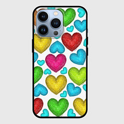 Чехол для iPhone 13 Pro Сердца нарисованные цветными карандашами, цвет: 3D-черный
