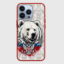 Чехол для iPhone 13 Pro Белый медведь и белый герб России, цвет: 3D-красный