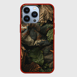 Чехол для iPhone 13 Pro Реалистичный охотничий камуфляж из ткани и листьев, цвет: 3D-красный