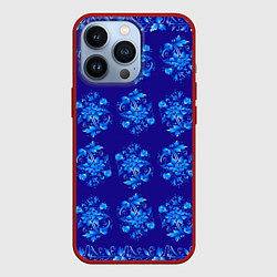 Чехол для iPhone 13 Pro Узоры гжель на синем фоне, цвет: 3D-красный