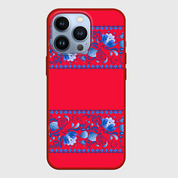 Чехол для iPhone 13 Pro Голубая гжель на красном фоне, цвет: 3D-красный