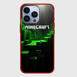 Чехол для iPhone 13 Pro Minecraft logo зеленые яркие плитки, цвет: 3D-красный