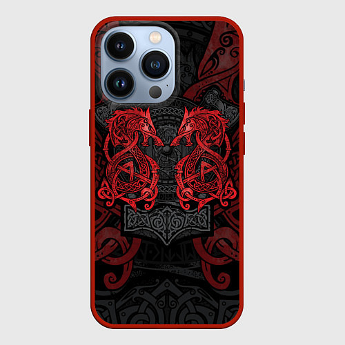 Чехол iPhone 13 Pro Кельтские узоры - волки и топоры / 3D-Красный – фото 1