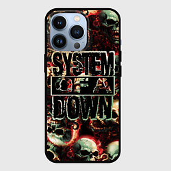 Чехол для iPhone 13 Pro System of a Down на фоне черепов, цвет: 3D-черный
