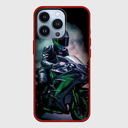 Чехол для iPhone 13 Pro Мотоциклист на зеленой байке, цвет: 3D-красный