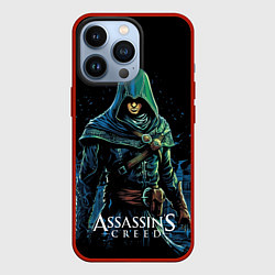Чехол для iPhone 13 Pro Assassins creed персонаж нарисован на черном, цвет: 3D-красный