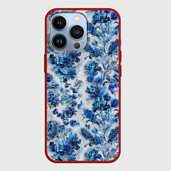 Чехол для iPhone 13 Pro Цветочный сине-голубой узор, цвет: 3D-красный