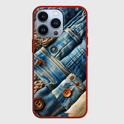 Чехол для iPhone 13 Pro Джинсовый пэчворк с пуговицами - мода, цвет: 3D-красный