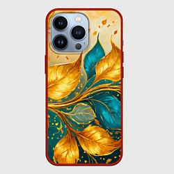 Чехол для iPhone 13 Pro Листья абстрактные золото и бирюза, цвет: 3D-красный
