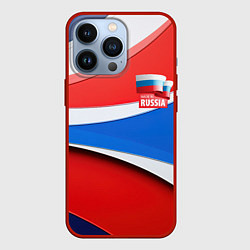 Чехол iPhone 13 Pro Герб России на абстрактном фоне в цветах России