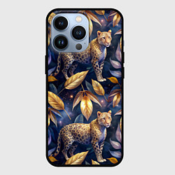 Чехол для iPhone 13 Pro Леопард с золотыми листьями паттерны, цвет: 3D-черный