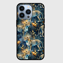 Чехол для iPhone 13 Pro Леопард и золотые капли на синем фоне, цвет: 3D-черный