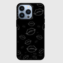 Чехол для iPhone 13 Pro Паттерн серый контур губ на чёрном - lips black, цвет: 3D-черный