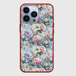 Чехол для iPhone 13 Pro Цветы и бабочки летний паттерн, цвет: 3D-красный