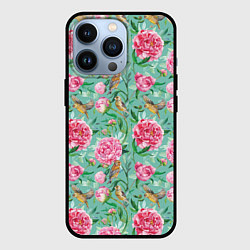 Чехол для iPhone 13 Pro Пионы и зеленушка на зеленом, цвет: 3D-черный