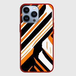 Чехол для iPhone 13 Pro Чёрно-оранжевые полосы на белом фоне, цвет: 3D-красный