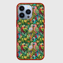 Чехол для iPhone 13 Pro Влюбленные попугаи в листьях, цвет: 3D-красный